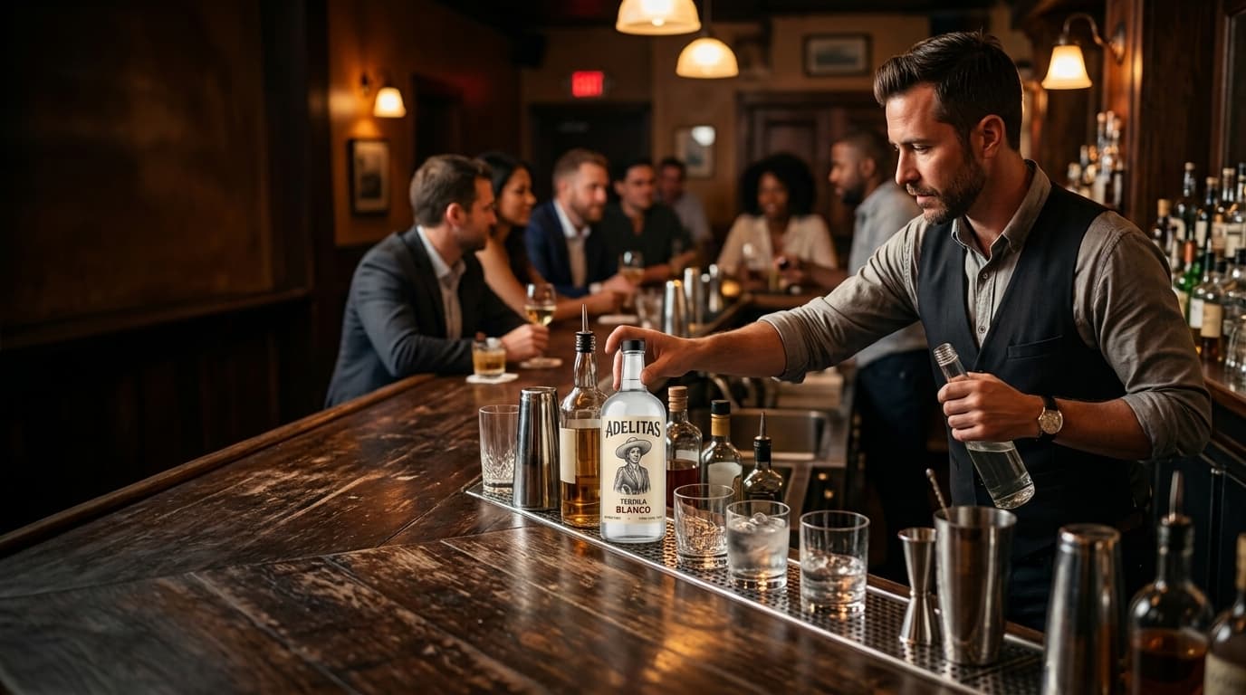 Bartender working a busy wooden bar with an Adelitas Blanco bottle in the service rail