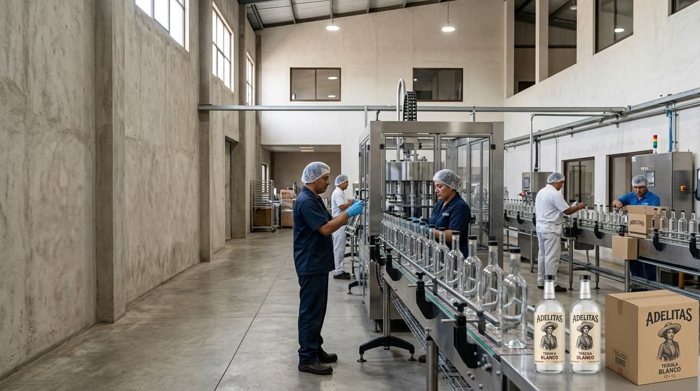 Workers on a bottling line filling clear 1 liter bottles in Mexico