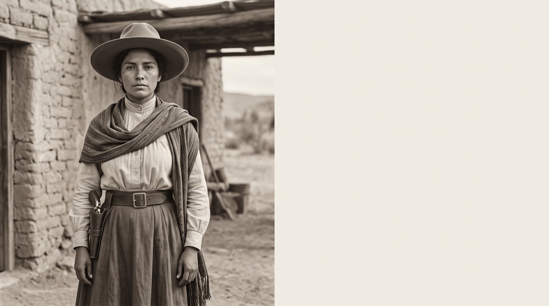 Sepia portrait of a revolutionary-era Mexican woman standing outside an adobe building