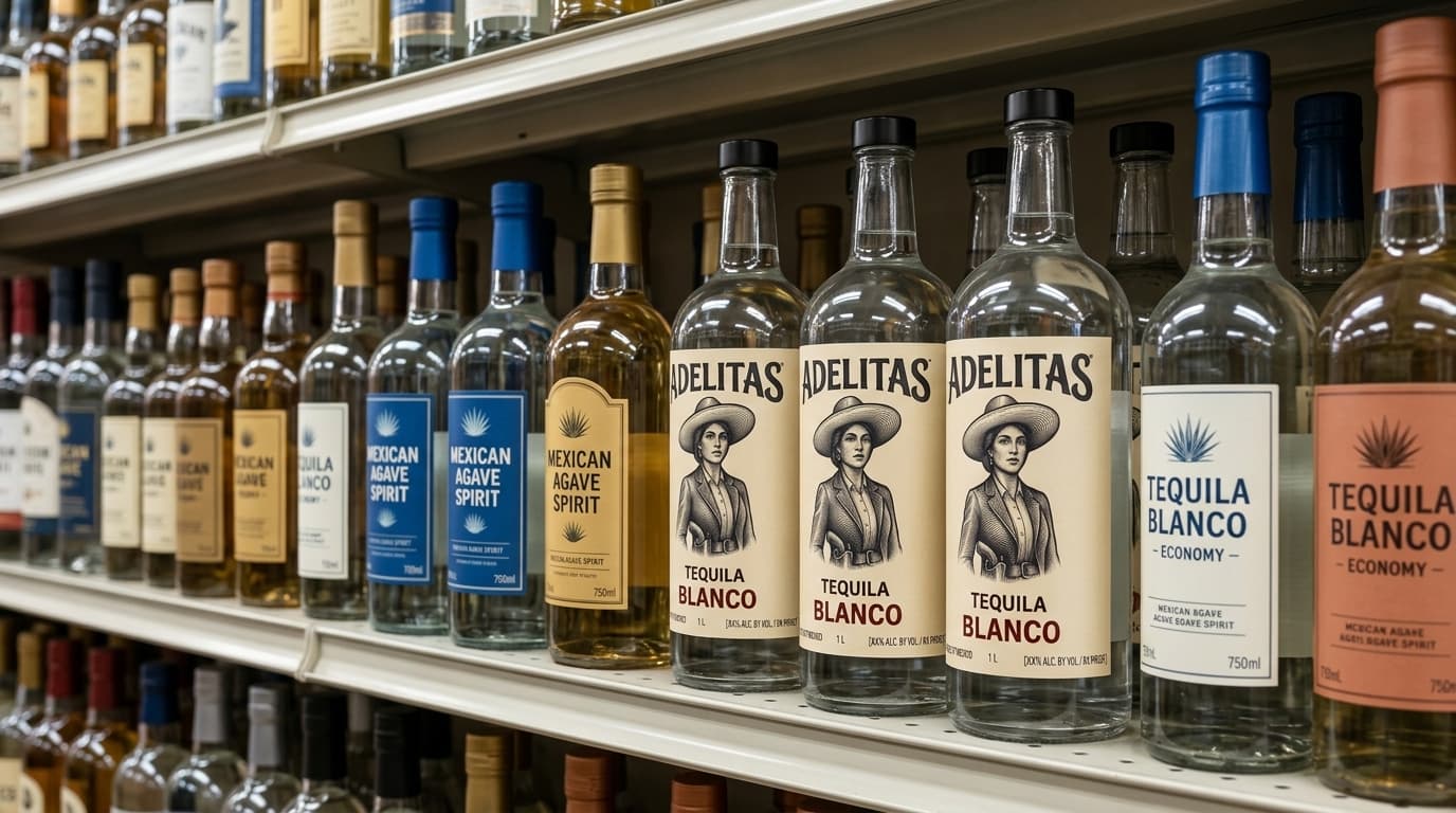 Adelitas bottles facing out on a liquor store shelf beside competing blanco tequilas