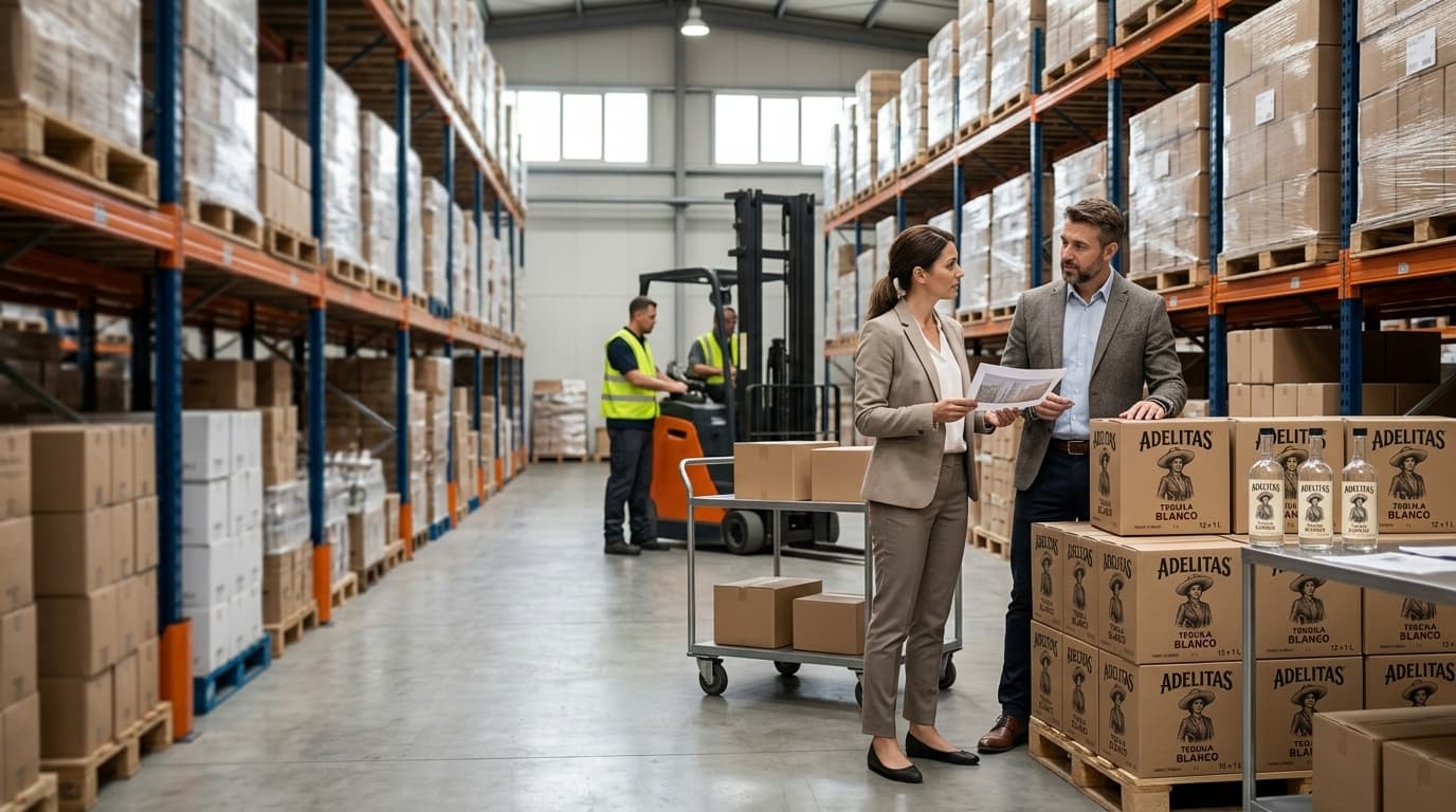 Distribution warehouse aisle with palletized Adelitas cases and two commercial partners reviewing paperwork