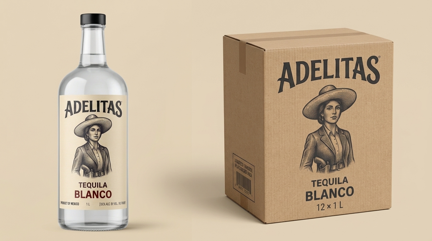 Adelitas 1 liter Blanco bottle beside a kraft 12 x 1 L shipping case