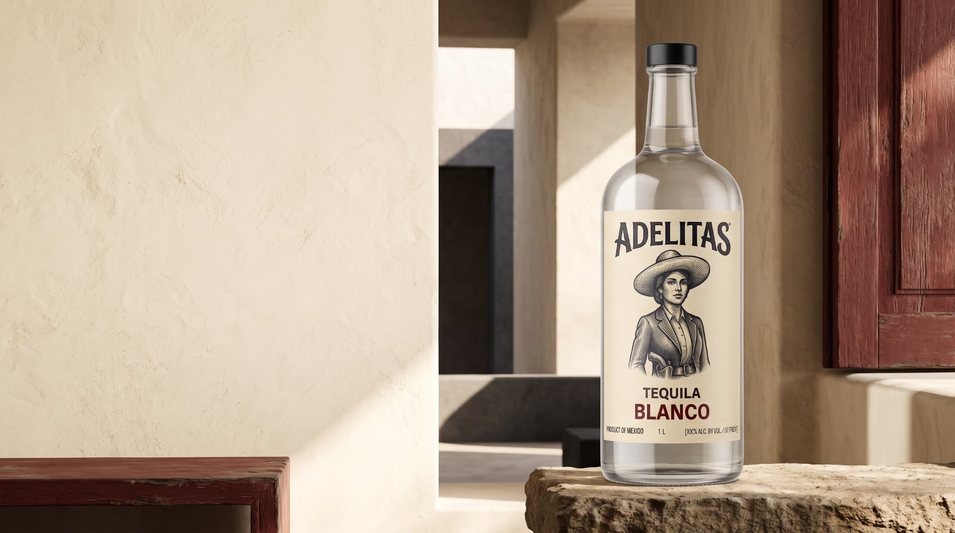 Adelitas Blanco tequila bottle on a stone ledge in warm Mexican architectural light
